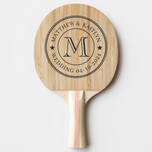 Raquette De Ping Pong Étoile de monogramme de mariage en bambou blanc (Devant)