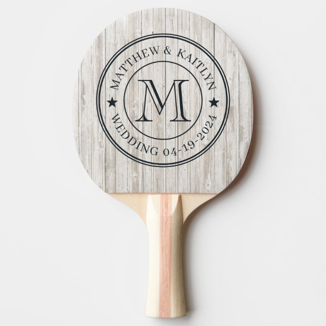 Raquette De Ping Pong Étoile de monogramme de mariage en bois blanchi à  (Devant)