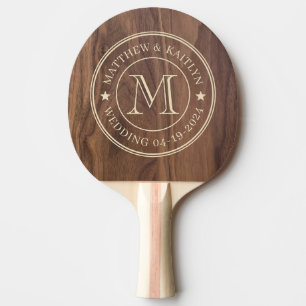 Raquette De Ping Pong Étoile de monogramme de mariage en bois de noyer