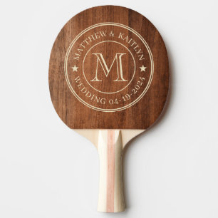 Raquette De Ping Pong Étoile de monogramme de mariage en bois de noyer r