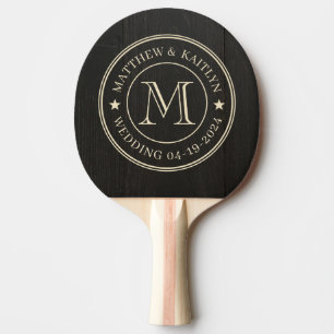 Raquette De Ping Pong Étoile de monogramme de mariage en bois noir foncé