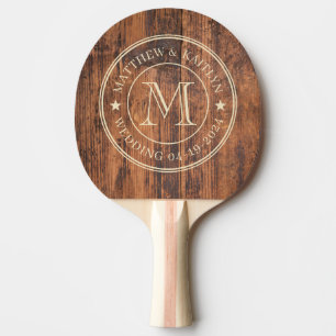 Raquette De Ping Pong Étoile de monogramme de mariage en bois récupéré