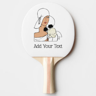 Raquette De Ping Pong Femme Art Déco Vintage avec Fleurs Portant un Chap