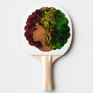 Raquette De Ping Pong Femme noire rasta afro rouge jaune vert