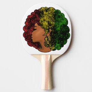 Raquette De Ping Pong Femme noire rasta afro rouge jaune vert 