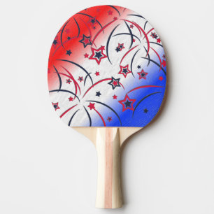 Raquette De Ping Pong Feu d'artifice sur Bleu Blanc Rouge