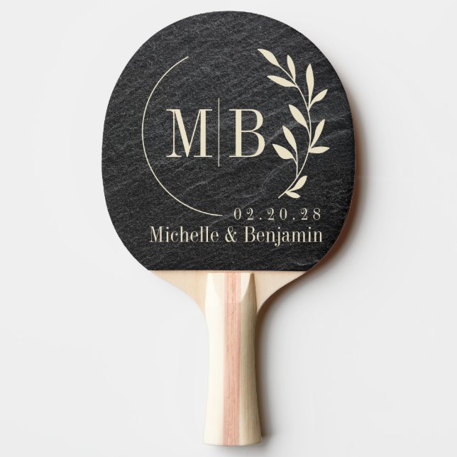 Raquette De Ping Pong Feuille de pierre de granit noir Mariage Monogramm (Dos)