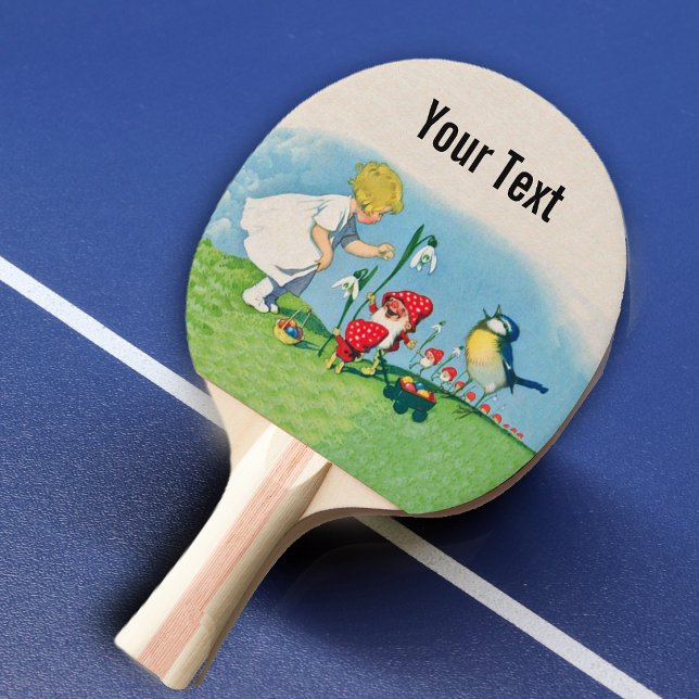 Raquette De Ping Pong Fille Pâques Lys Gnome Elfes Chantant Oiseau Panie (Little girl with cute elves red hats singing bird Easter eggs and lily flowers on ping pong paddle.)