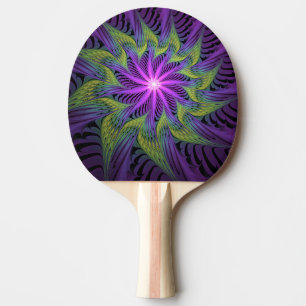 Raquette De Ping Pong Fleur Abstraite Moderne de Fractale Violette Verte