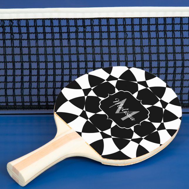 Raquette De Ping Pong Fleur blanche noire mandala mosaïque rétro Monogra (Insitu)