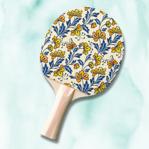 Raquette De Ping Pong Fleur Bleue Florale Folk Vintage Jaune Orange