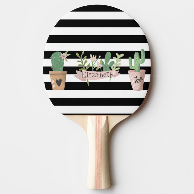 Raquette De Ping Pong Fleur de cactus rayures noir et blanc   (Devant)