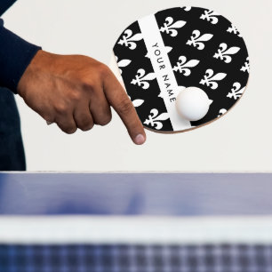Raquette De Ping Pong Fleur de Lis, Blanc sur Noir, Blanc, Votre Nom
