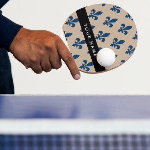 Raquette De Ping Pong Fleur de Lis, Bleu Marine sur Beige, Royal, Votre