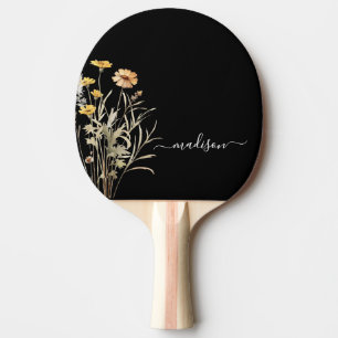 Raquette De Ping Pong Fleur sauvage Moderne Monogramme Noir Élégant