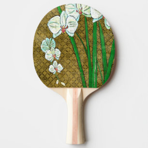 Raquette De Ping Pong Fleurs blanches et tiges vertes à la frontière