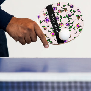 Raquette De Ping Pong Fleurs Colorées, Fond Rose, Noir