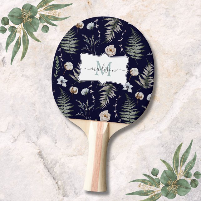 Raquette De Ping Pong Fleurs de monogramme et feuilles de fougère botani (In situ)