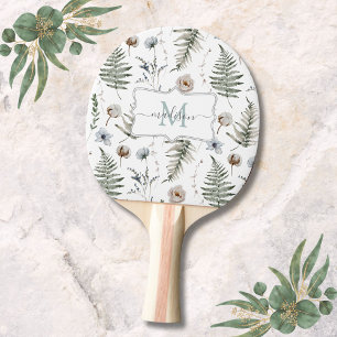 Raquette De Ping Pong Fleurs de monogramme et feuilles de fougère floral