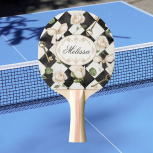 Raquette De Ping Pong Fleurs de rose vintage en monogramme diamant noir 