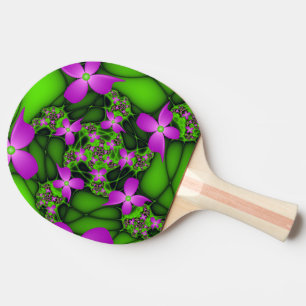 Raquette De Ping Pong Fleurs fractales Abstraites de néon rose vert