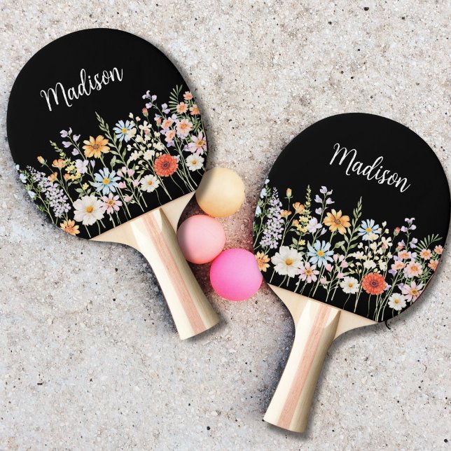 Raquette De Ping Pong Fleurs sauvages botaniques aquarelle monogramme (Créateur téléchargé)