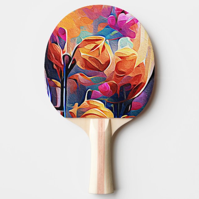 Raquette De Ping Pong Floral Abstract Art Orange Red Blue Flowers (Devant)