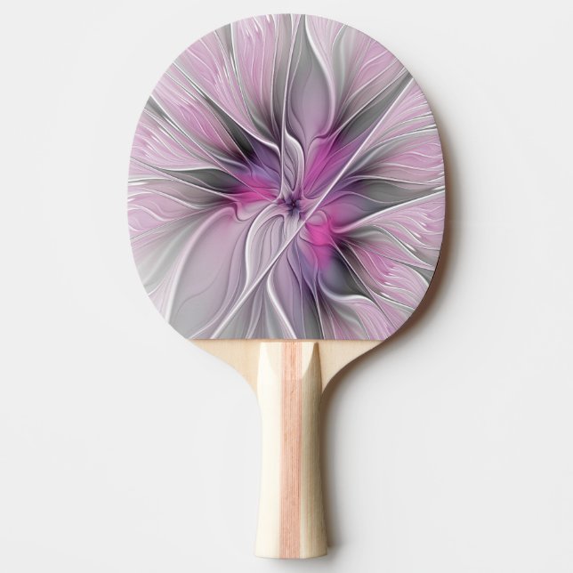 Raquette De Ping Pong Floral Fractal moderne Fleur Abstraite rose gris (Devant)