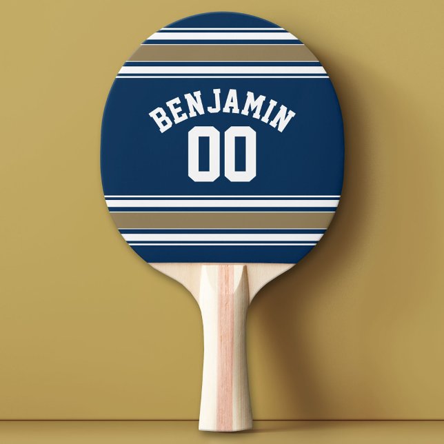 Raquette De Ping Pong Football Jersey Navy Blue Gold Stripes Nom Numéro (Custom Ping Pong Paddle with a Sports Theme)