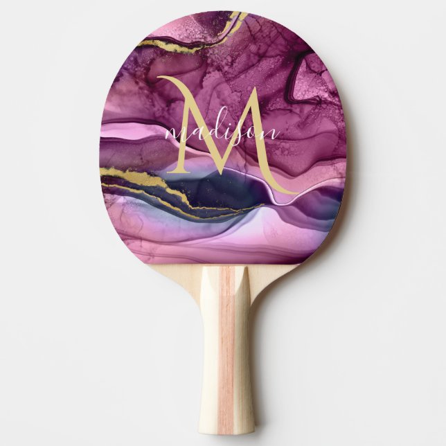 Raquette De Ping Pong Géode d'agate violet rose et or Monogramme (Devant)