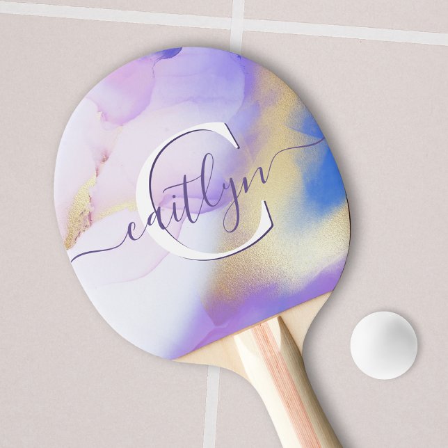 Raquette De Ping Pong Glam Lilac Gold Abstrait Peinture Élégant Monogram (Créateur téléchargé)