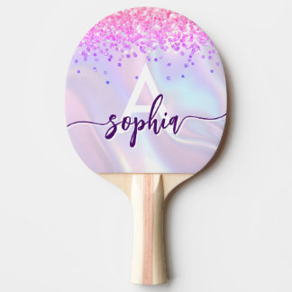 Raquette De Ping Pong Glam Pink Gold Glitter Monogram Script Purple