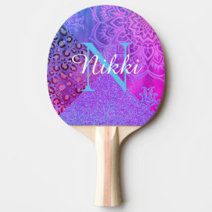 Raquette De Ping Pong Glittery Lotus Leopard Monogram Ping Paddle