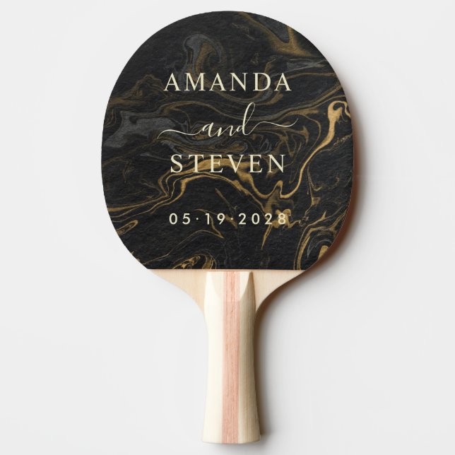 Raquette De Ping Pong Gold Black Marble Couple Names with Wedding Date (Dos)