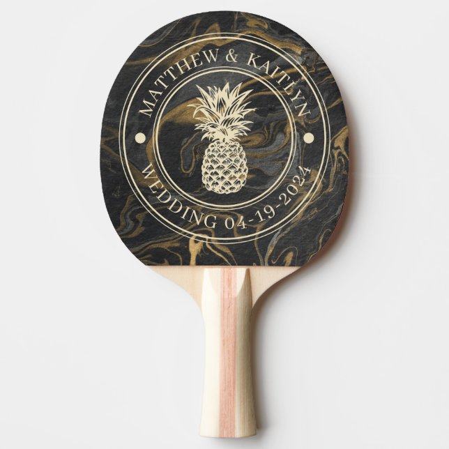 Raquette De Ping Pong Gold Black Marble Pineapple Wedding Crest & Names (Devant)