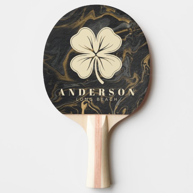 Raquette De Ping Pong Gold Black Marble Swirl Four Leaf Clover with Name (Devant)