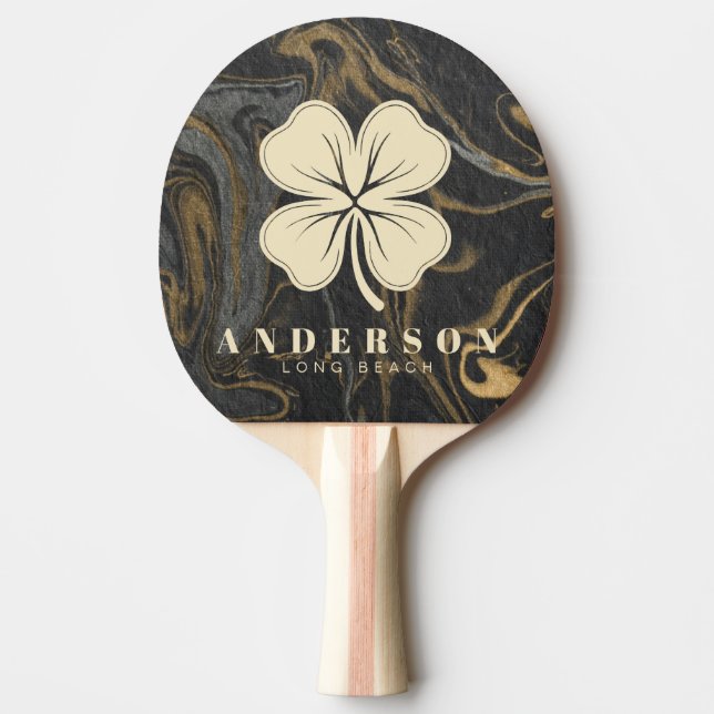 Raquette De Ping Pong Gold Black Marble Swirl Four Leaf Clover with Name (Devant)