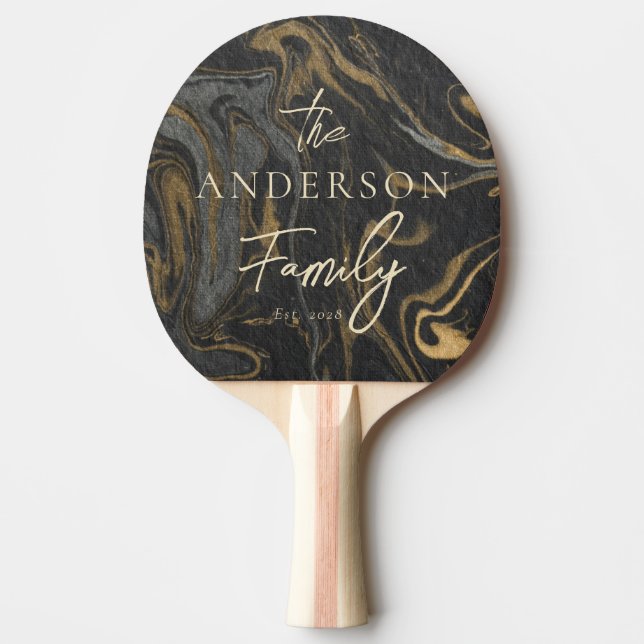 Raquette De Ping Pong Gold Black Marble Swirl Hand Written Family Name (Devant)