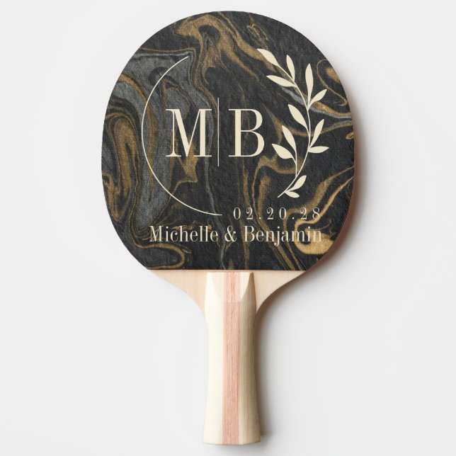 Raquette De Ping Pong Gold Black Marble Swirl Leaf Wedding Monogram (Devant)
