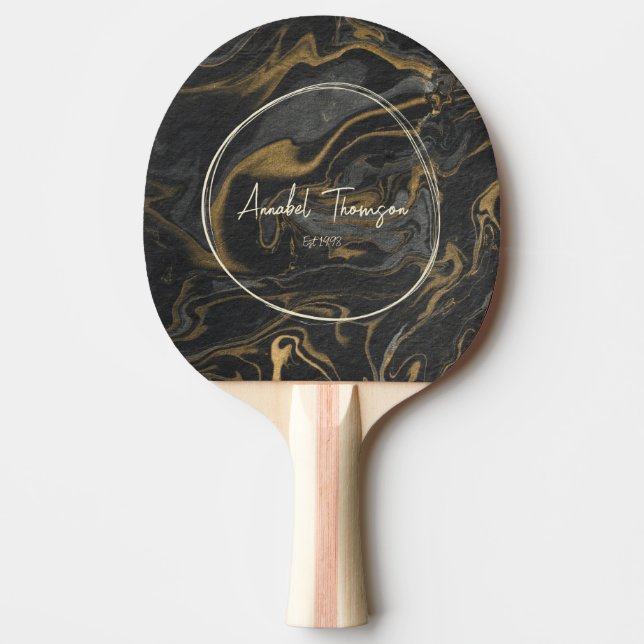 Raquette De Ping Pong Gold Black Marble Swirl Name in Drawn Circle  (Devant)