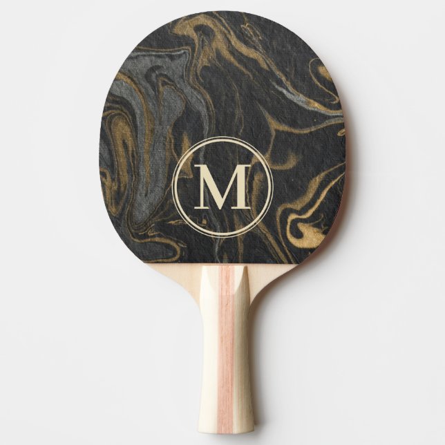 Raquette De Ping Pong Gold Black Marble Swirl Stone Monogram (Devant)