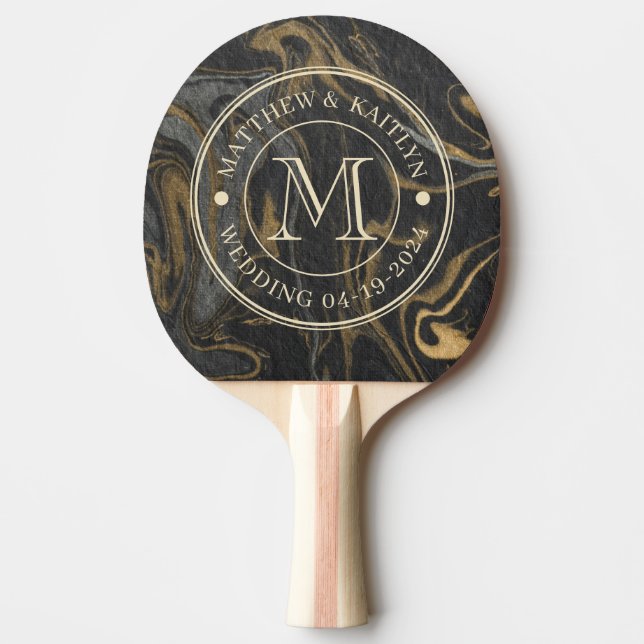 Raquette De Ping Pong Gold Black Marble Swirl Stone Wedding Monogram (Devant)