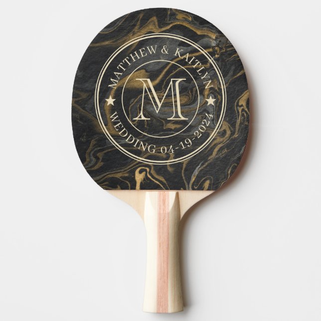 Raquette De Ping Pong Gold Black Marble Swirl Wedding Monogram Star (Devant)