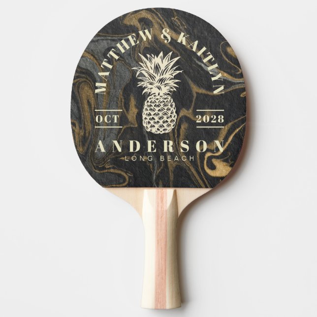 Raquette De Ping Pong Gold Black Marble Tropical Pineapple Wedding Crest (Devant)