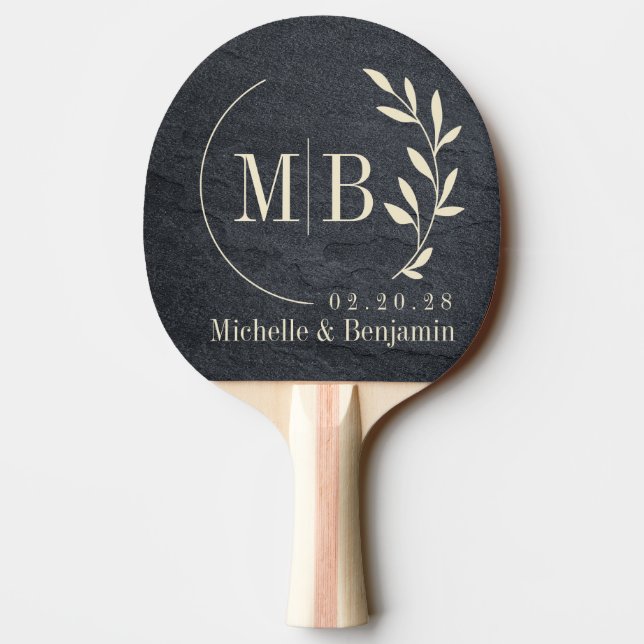 Raquette De Ping Pong Granite Noir Pierre Feuille Mariage Monogramme (Dos)