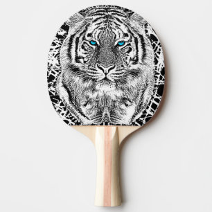 Raquette De Ping Pong Graphique noir et blanc de tigre d'yeux bleus