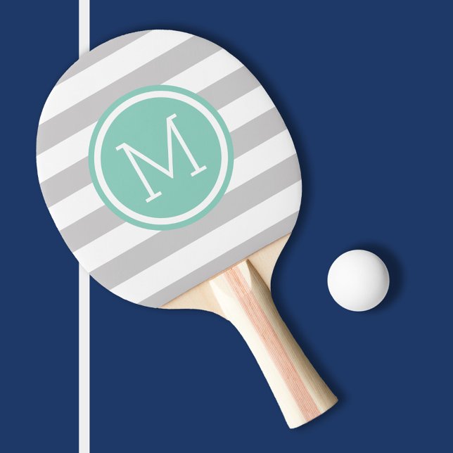 Raquette De Ping Pong Gray and Aqua Preppy Stripes Monogramme (Créateur téléchargé)