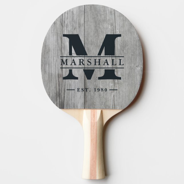 Raquette De Ping Pong Gray Timber Monogram & Name Overlay (Dos)