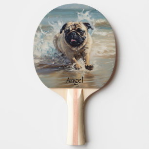 Raquette De Ping Pong Happy Pug à la Plage personnalisable