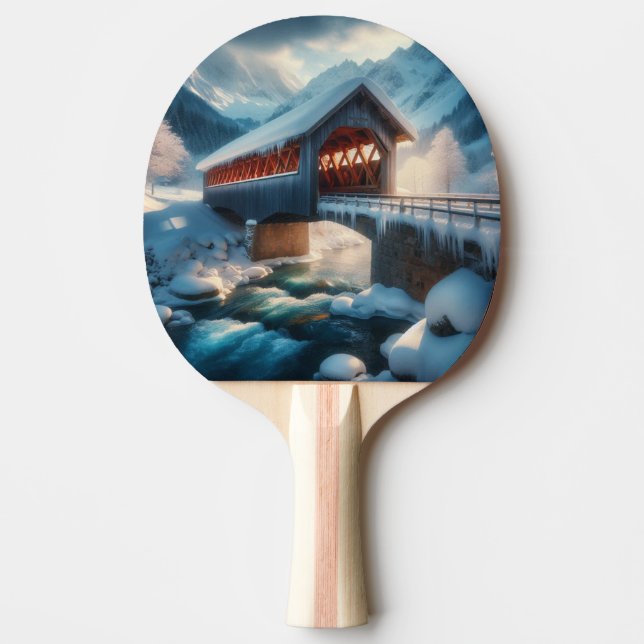 Raquette De Ping Pong Hiver, pont enneigé et rivière (Devant)